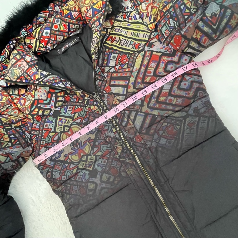 🤑 SALE Desigual Ombré Black Multi Fur trim Stained Glass Puffer Coat - Picture 8 of 14